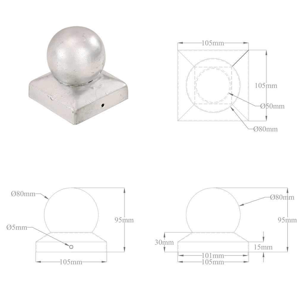 6 db gömb alakú horganyzott fém kerítésoszlop-sapka 101x101 mm 9