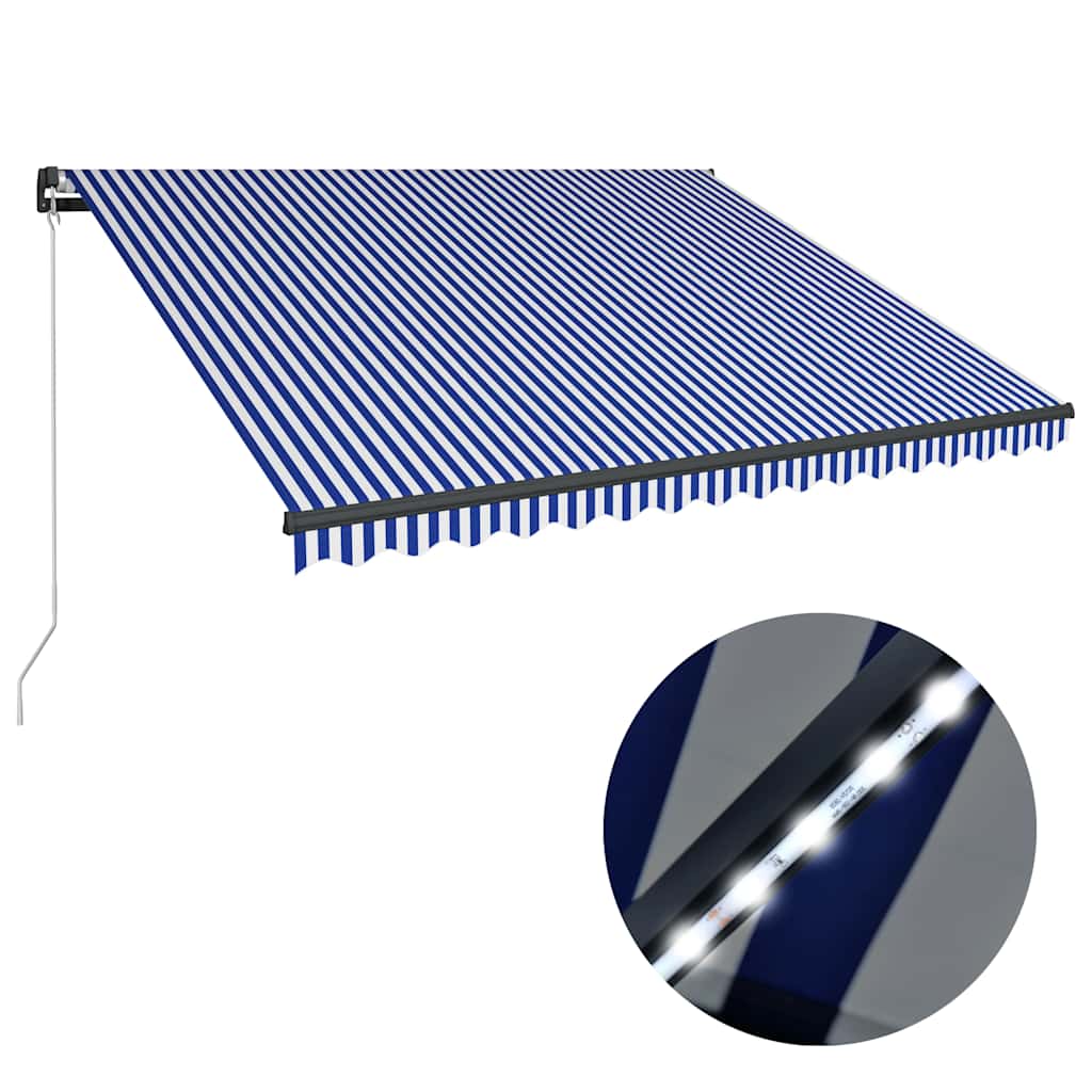 Kék és fehér kézzel kihúzható LED-es napellenző 450 x 300 cm 4