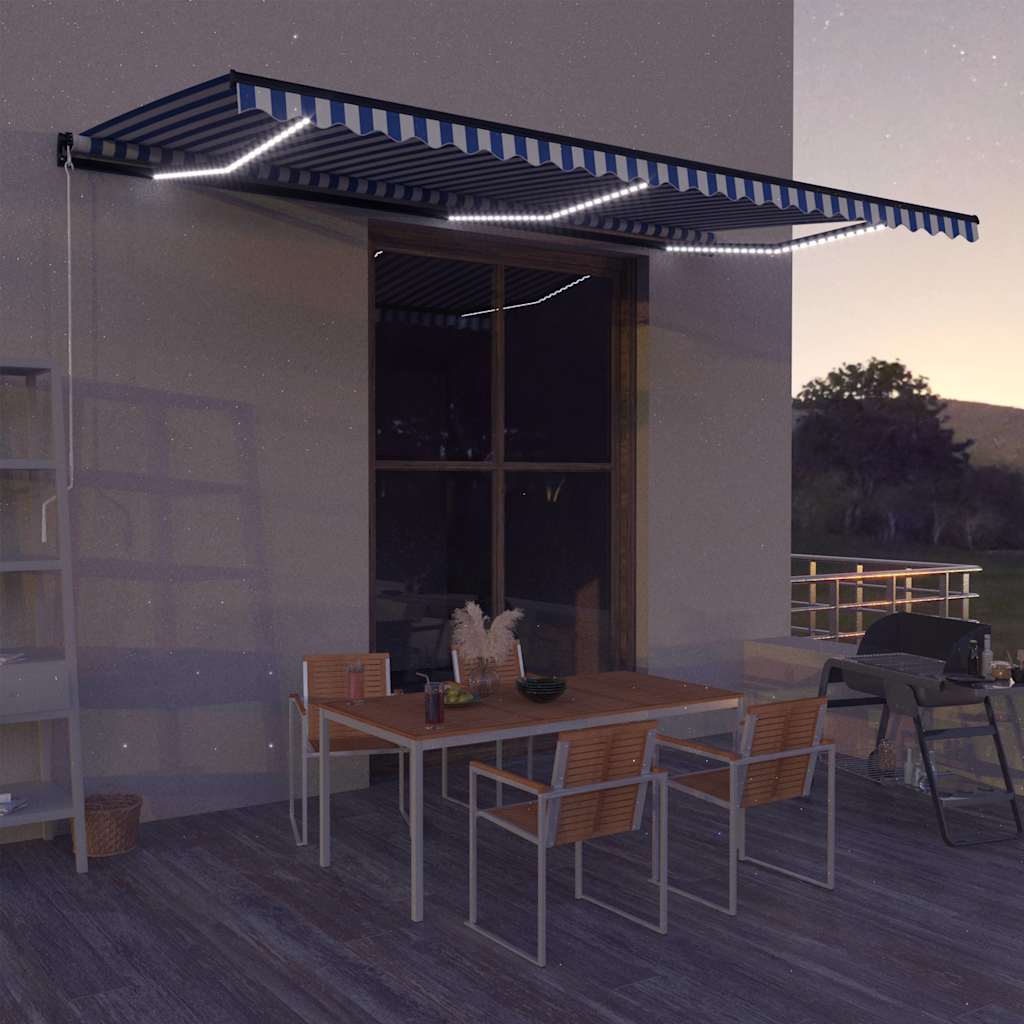 Kék és fehér kézzel kihúzható LED-es napellenző 600 x 300 cm