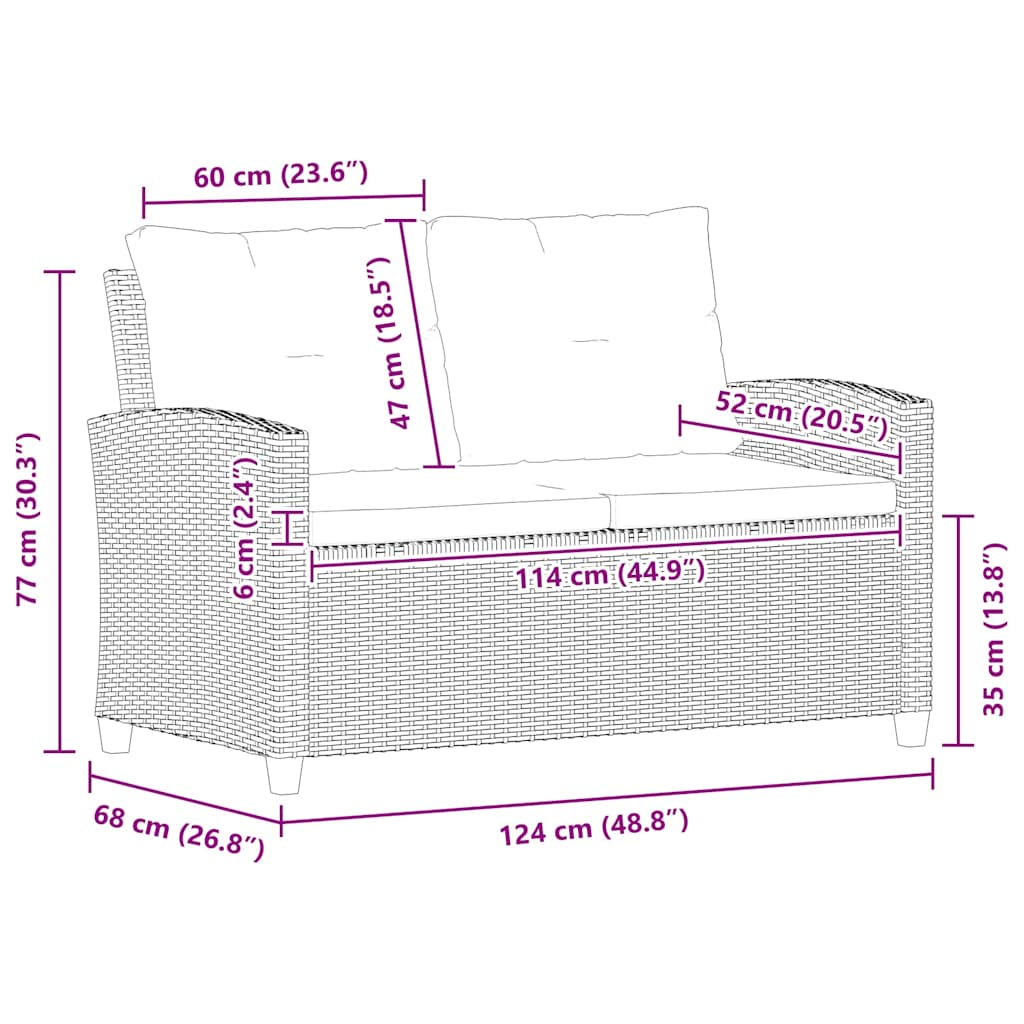Kétszemélyes szürke polyrattan kerti kanapé párnákkal 124 cm 7