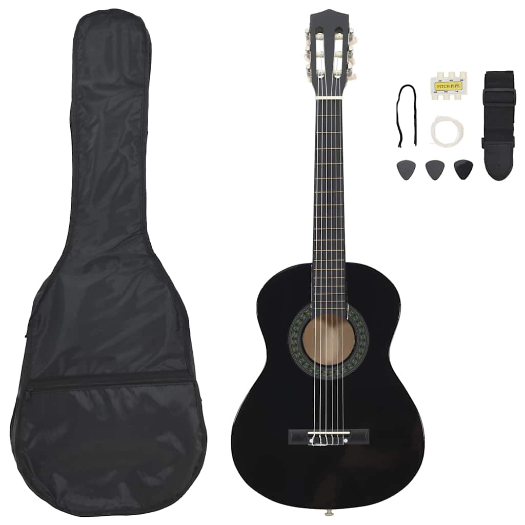 8 darabos fekete klasszikus gitár kezdőkészlet 1/2 34"