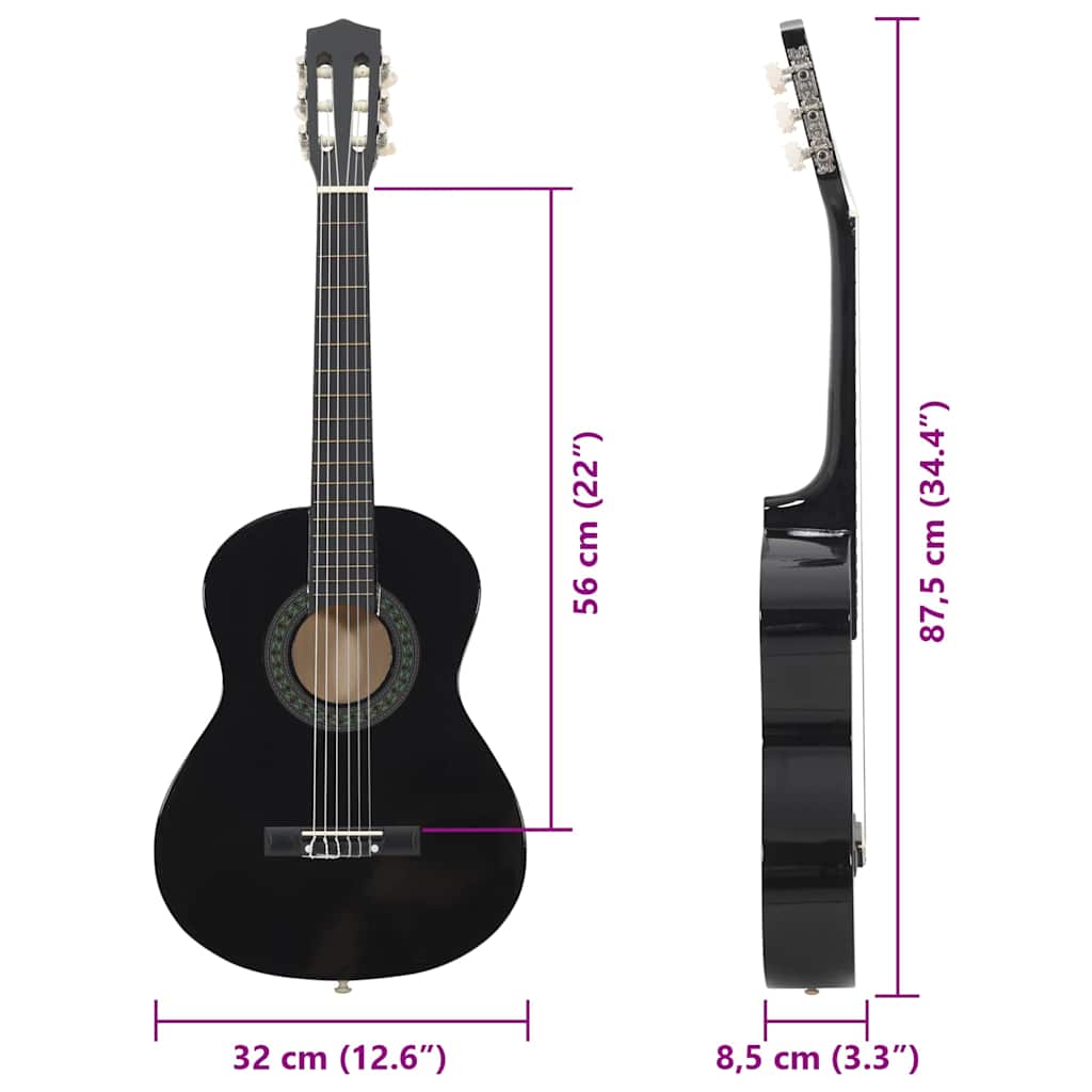 8 darabos fekete klasszikus gitár kezdőkészlet 1/2 34" 11