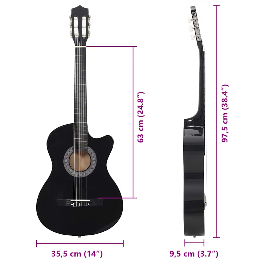 12 részes fekete 6 húros klasszikus western gitár szett 38" 12