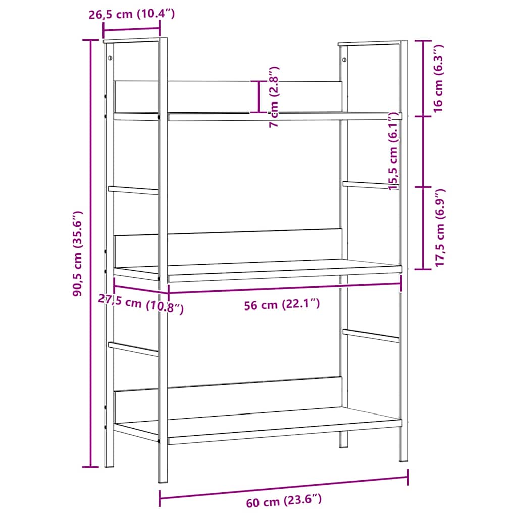 3 szintes fekete szerelt fa könyvespolc 60 x 27,6 x 90,5 cm 10