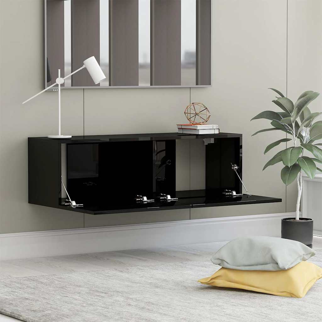 Magasfényű fekete szerelt fa TV-szekrény 100 x 30 x 30 cm 3