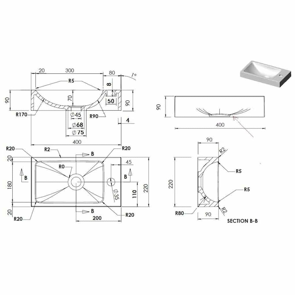 Fehér SMC mosdókagyló 400 x 220 x 90 mm 8