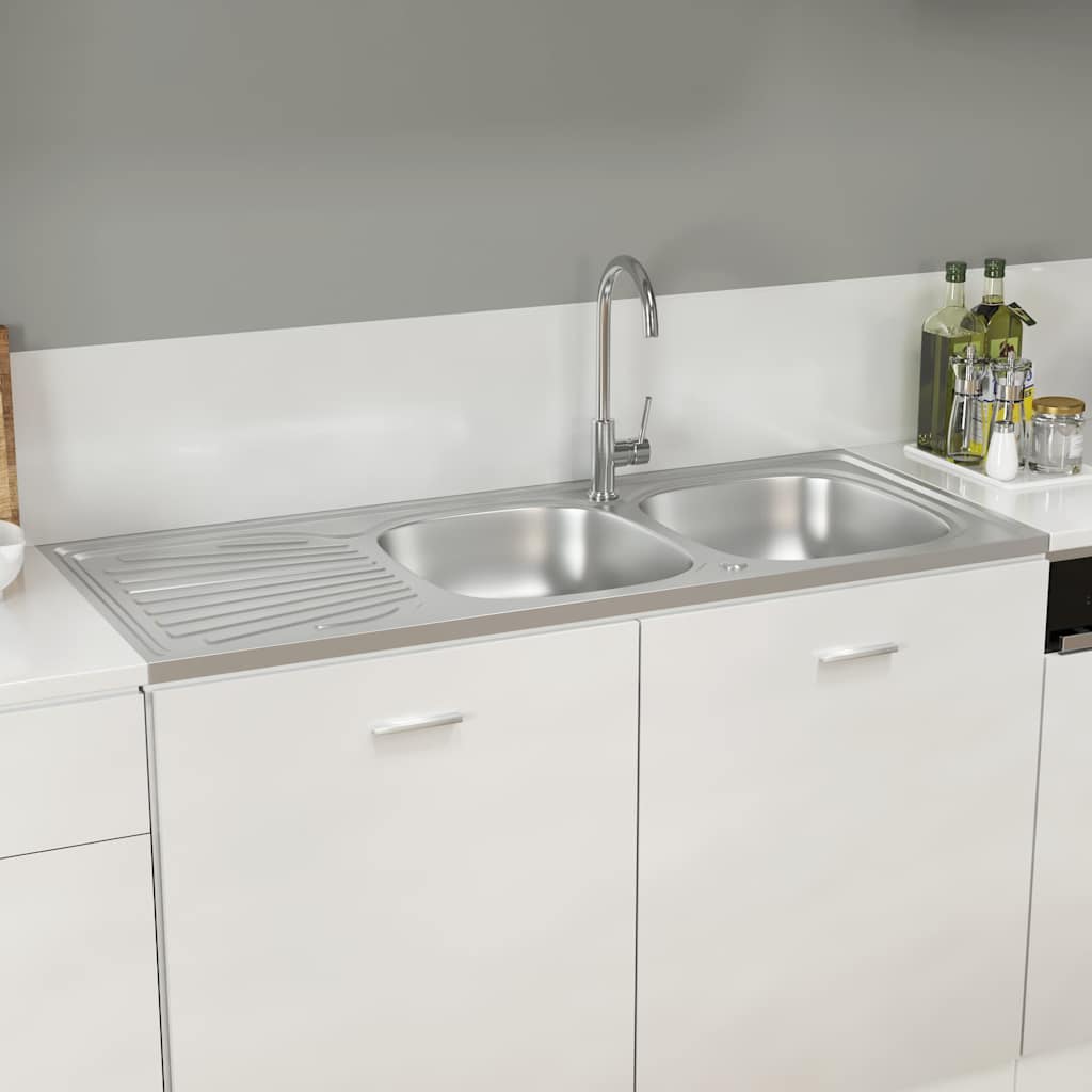 Ezüst rozsdamentes acél dupla konyhamosogató 1200x600x155 mm 3