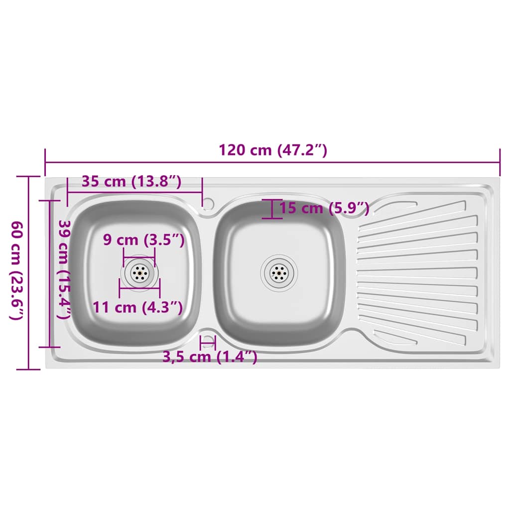 Ezüst rozsdamentes acél dupla konyhamosogató 1200x600x155 mm 12