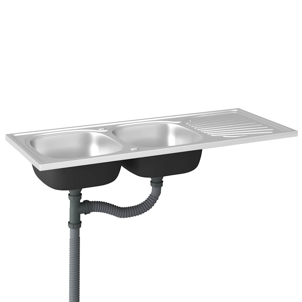 Ezüst rozsdamentes acél dupla konyhamosogató 1200x600x155 mm 5