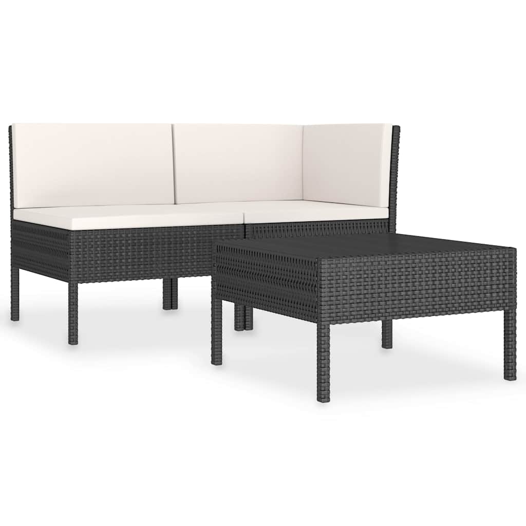 3 részes fekete polyrattan kerti ülőgarnitúra párnákkal 2