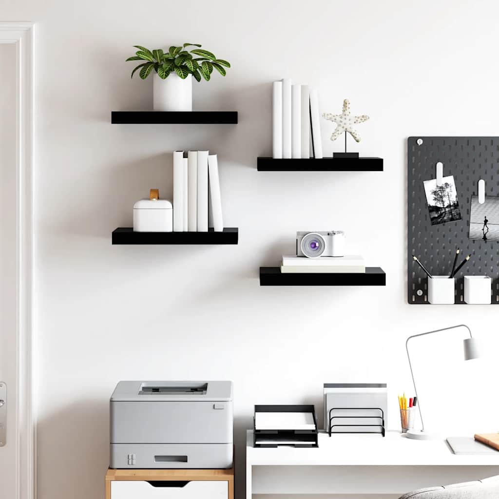 4 db magasfényű fekete MDF lebegő fali polc 40 x 23,5 x 3,8 cm 3