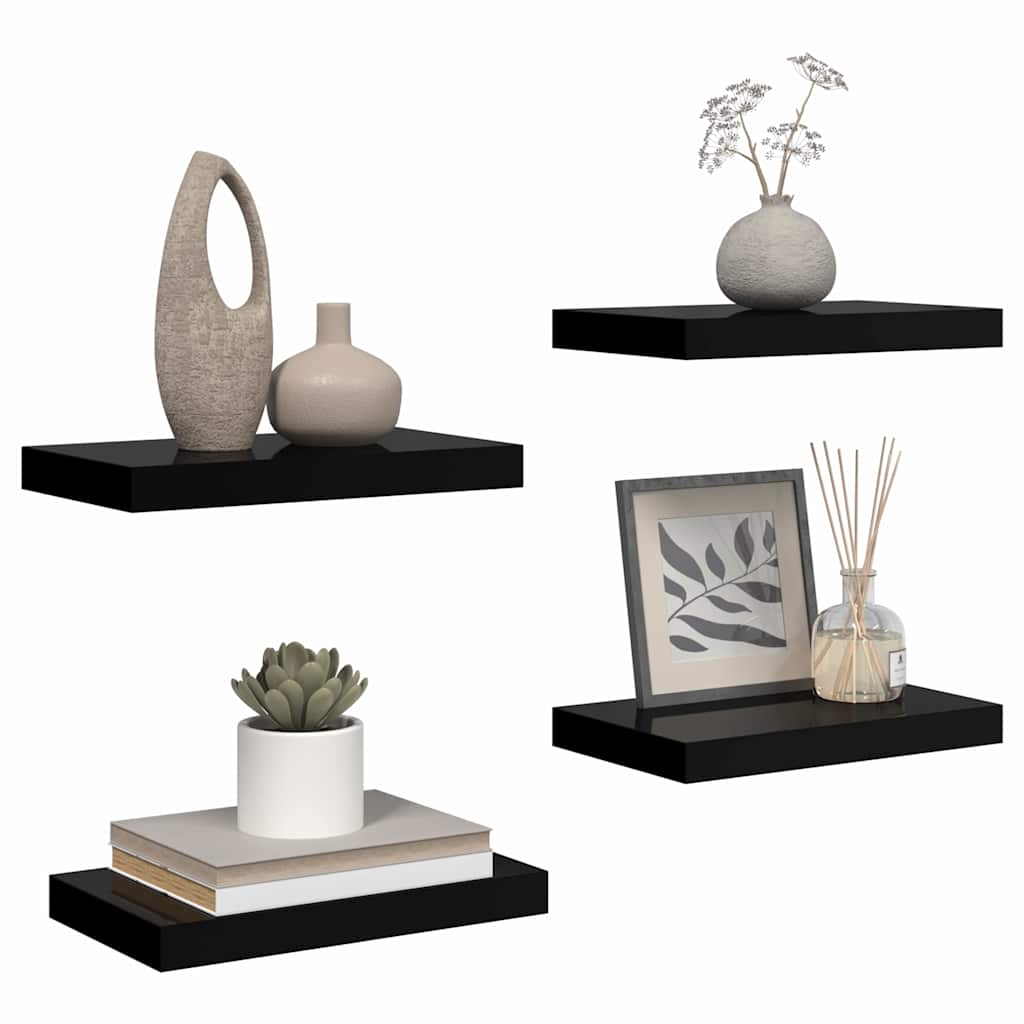 4 db magasfényű fekete MDF lebegő fali polc 40 x 23,5 x 3,8 cm 5