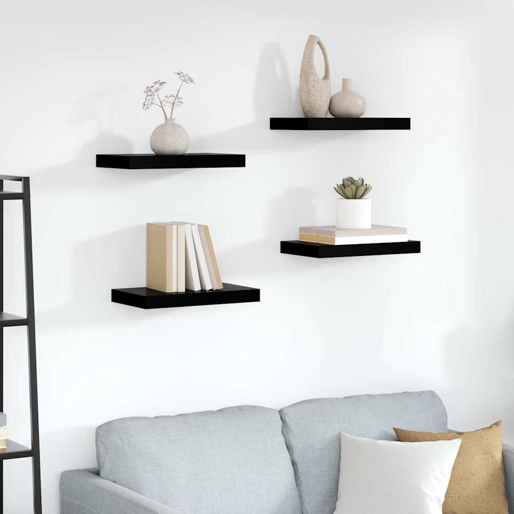4 db magasfényű fekete MDF lebegő fali polc 40 x 23,5 x 3,8 cm