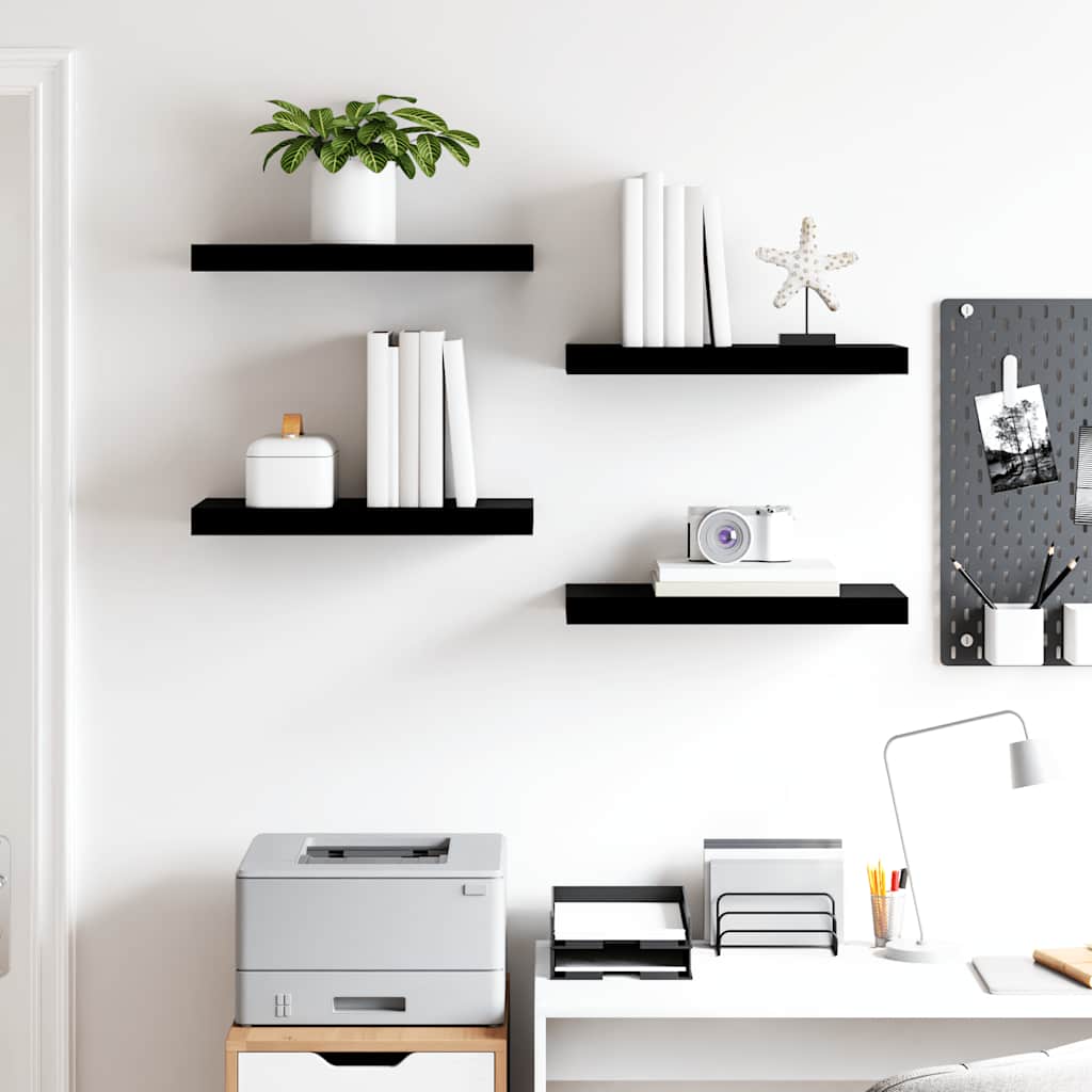 4 db magasfényű fekete MDF lebegő fali polc 50 x 23,5 x 3,8 cm 3