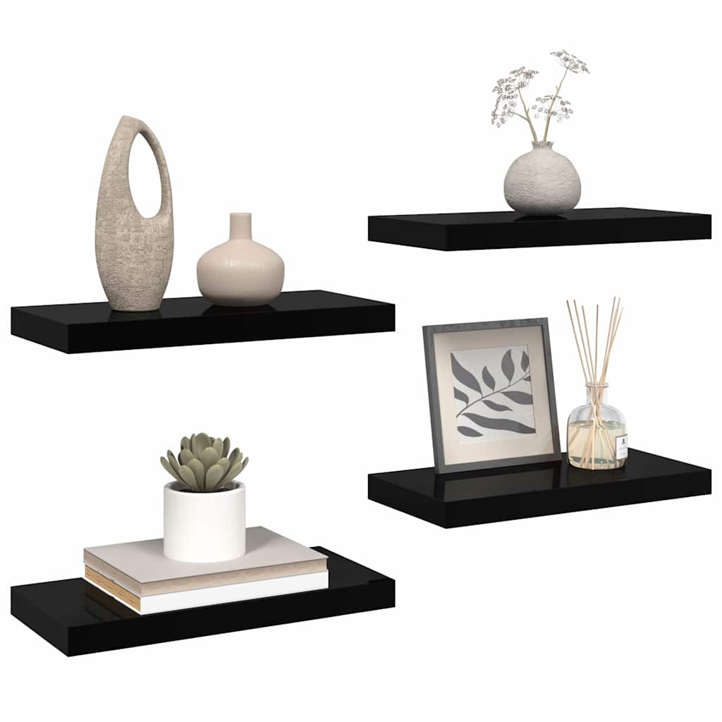 4 db magasfényű fekete MDF lebegő fali polc 50 x 23,5 x 3,8 cm 5