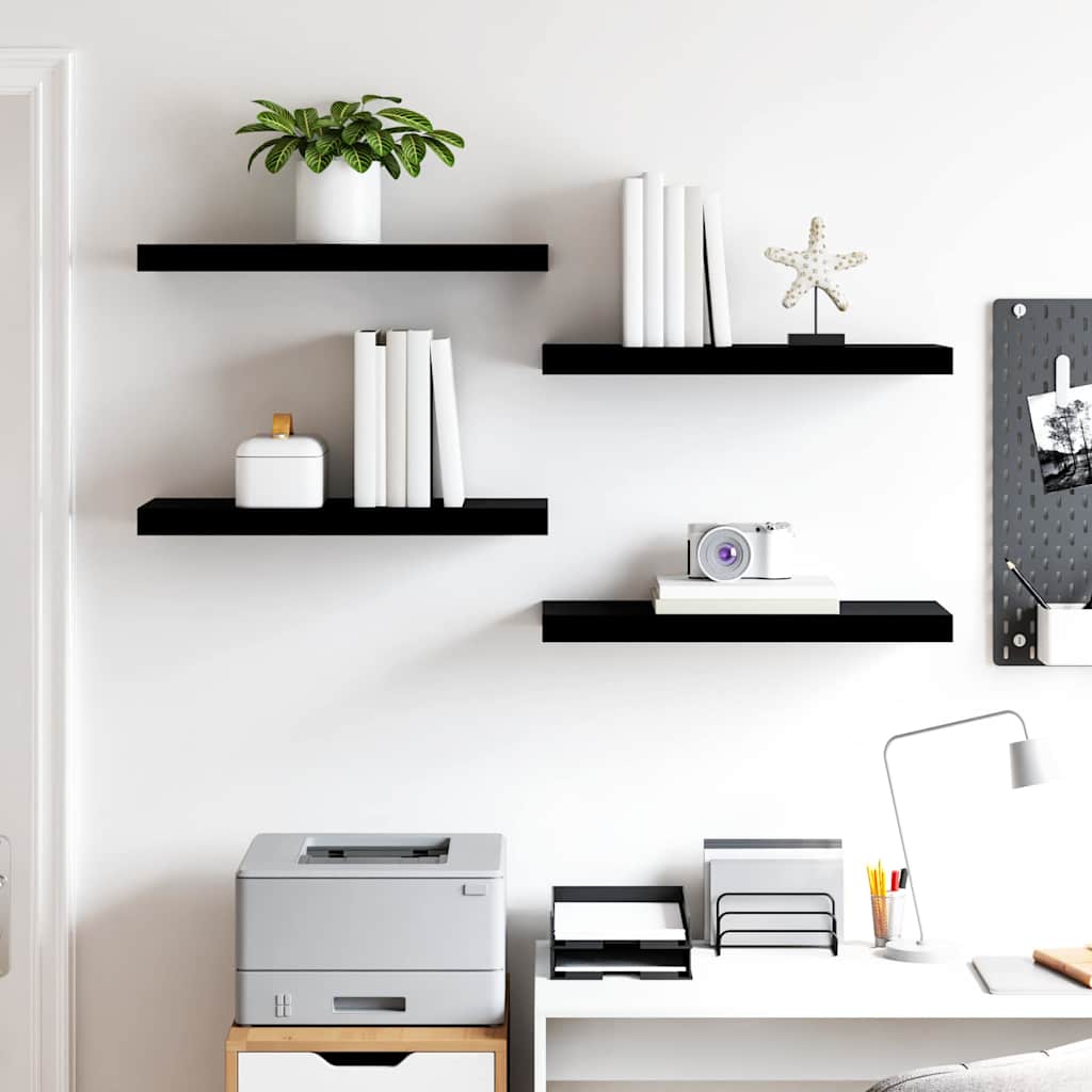 4 db magasfényű fekete MDF lebegő fali polc 60 x 23,5 x 3,8 cm 3