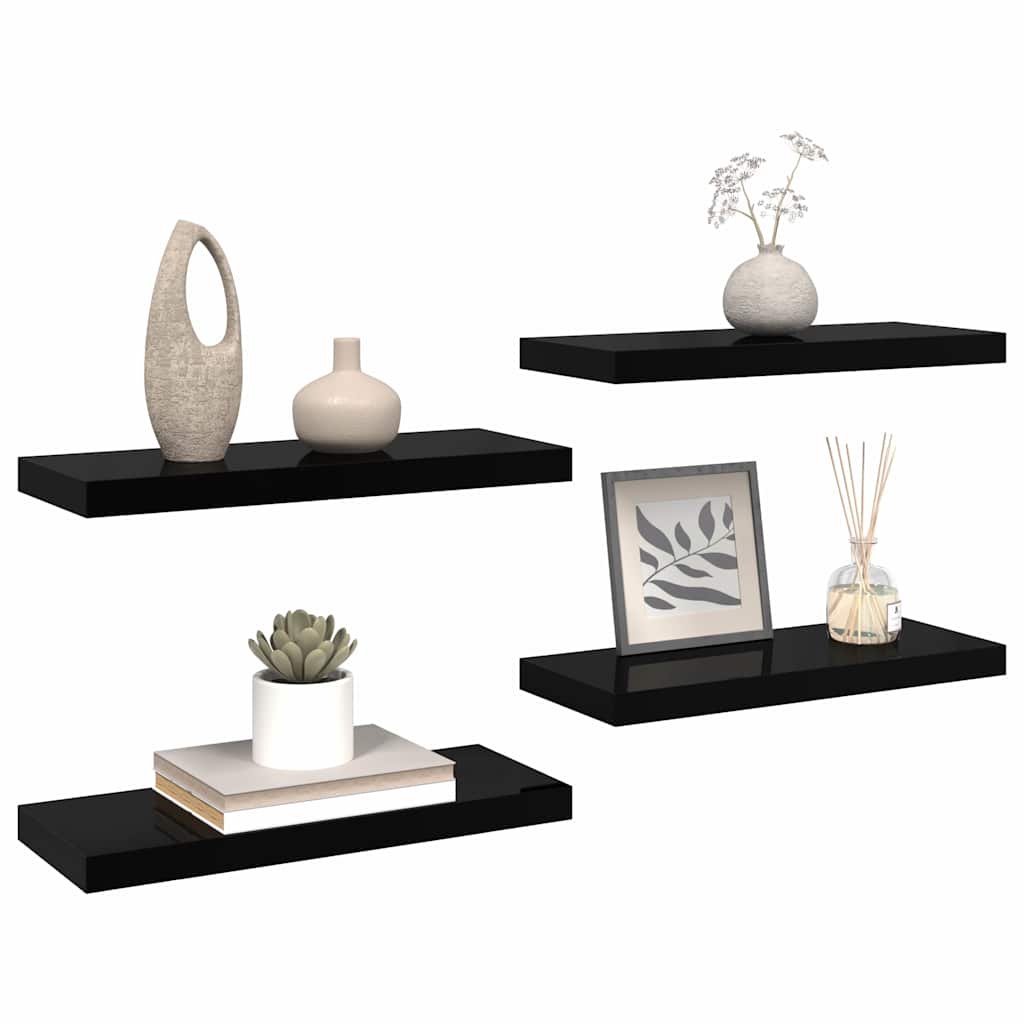 4 db magasfényű fekete MDF lebegő fali polc 60 x 23,5 x 3,8 cm 5