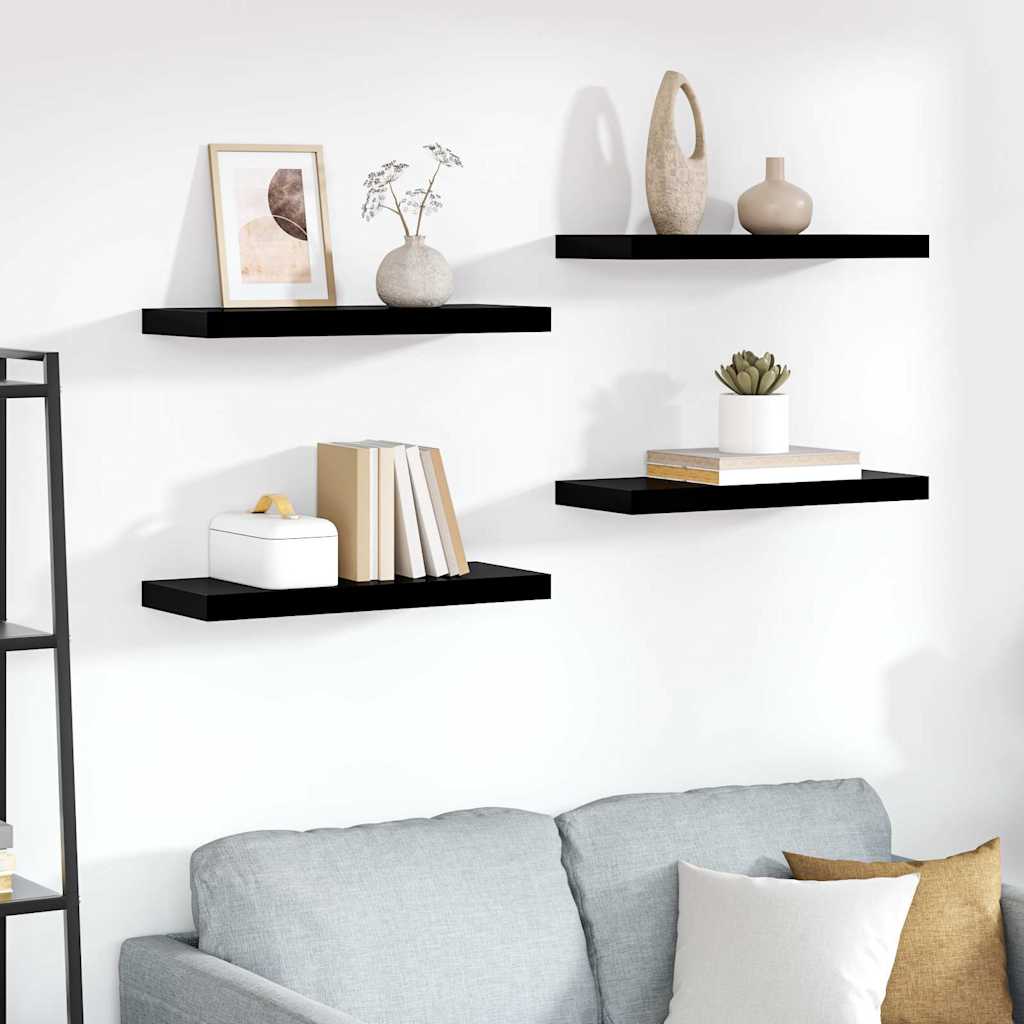 4 db magasfényű fekete MDF lebegő fali polc 60 x 23,5 x 3,8 cm