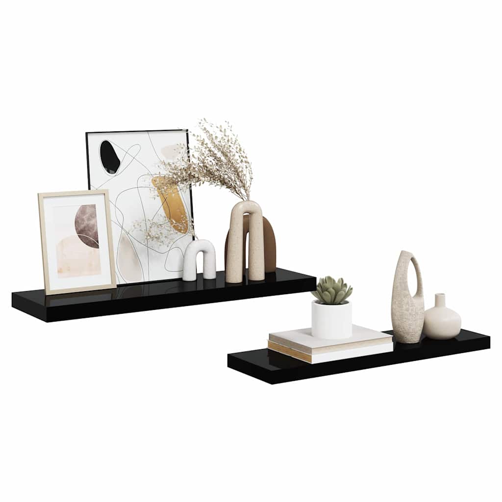 2 db magasfényű fekete MDF lebegő fali polc 80 x 23,5 x 3,8 cm 5