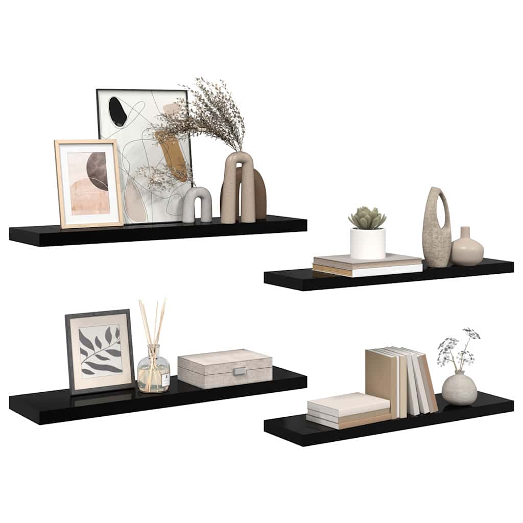 4 db magasfényű fekete MDF fali polc 90 x 23,5 x 3,8 cm 5
