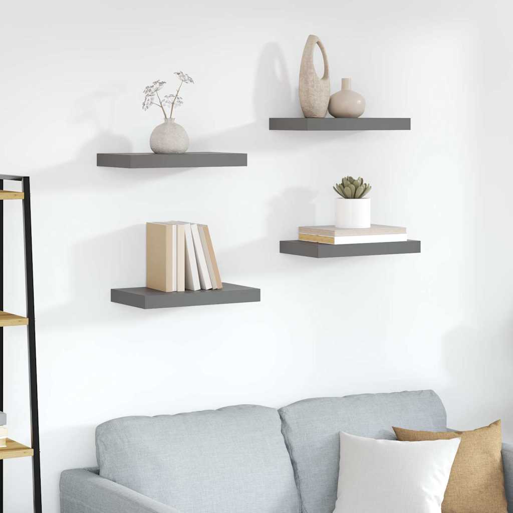 4 db magasfényű szürke MDF lebegő fali polc 40 x 23,5 x 3,8 cm