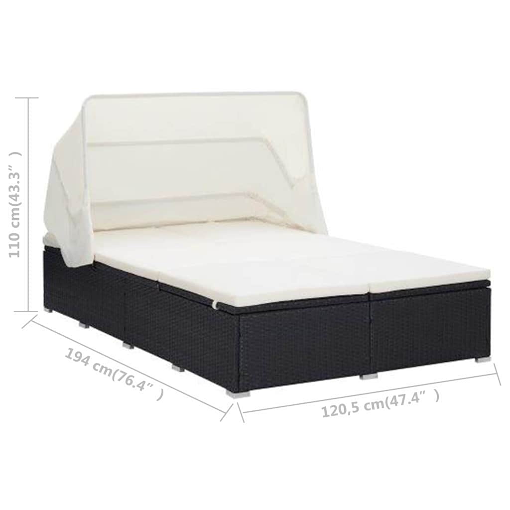 Kétszemélyes fekete polyrattan napozóágy párnával 8