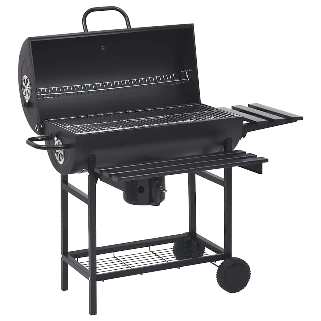 Fekete acél hengeres grillsütő kerékkel és polccal 115x85x95 cm