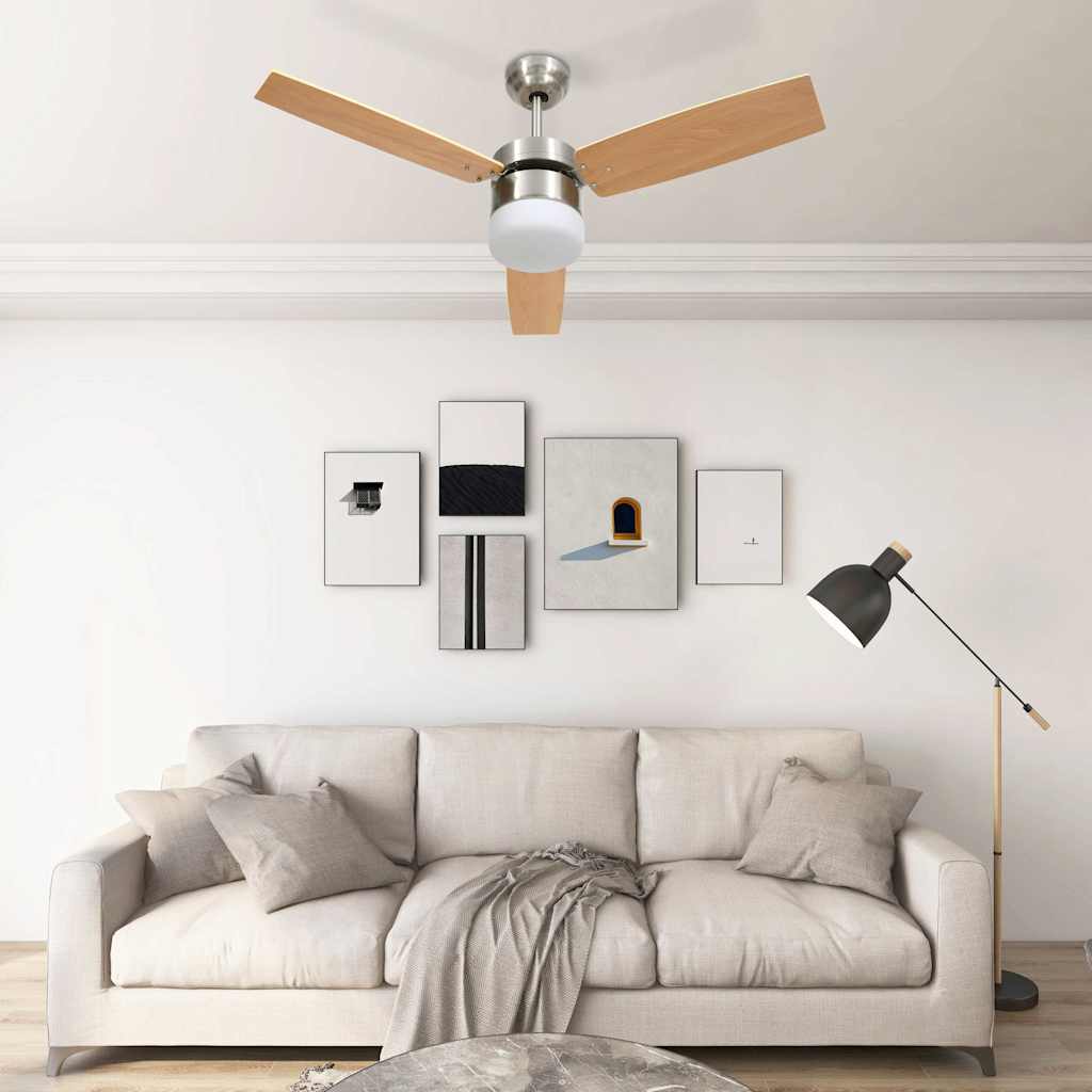 Világosbarna mennyezeti ventilátor fénnyel/távirányítóval 108cm