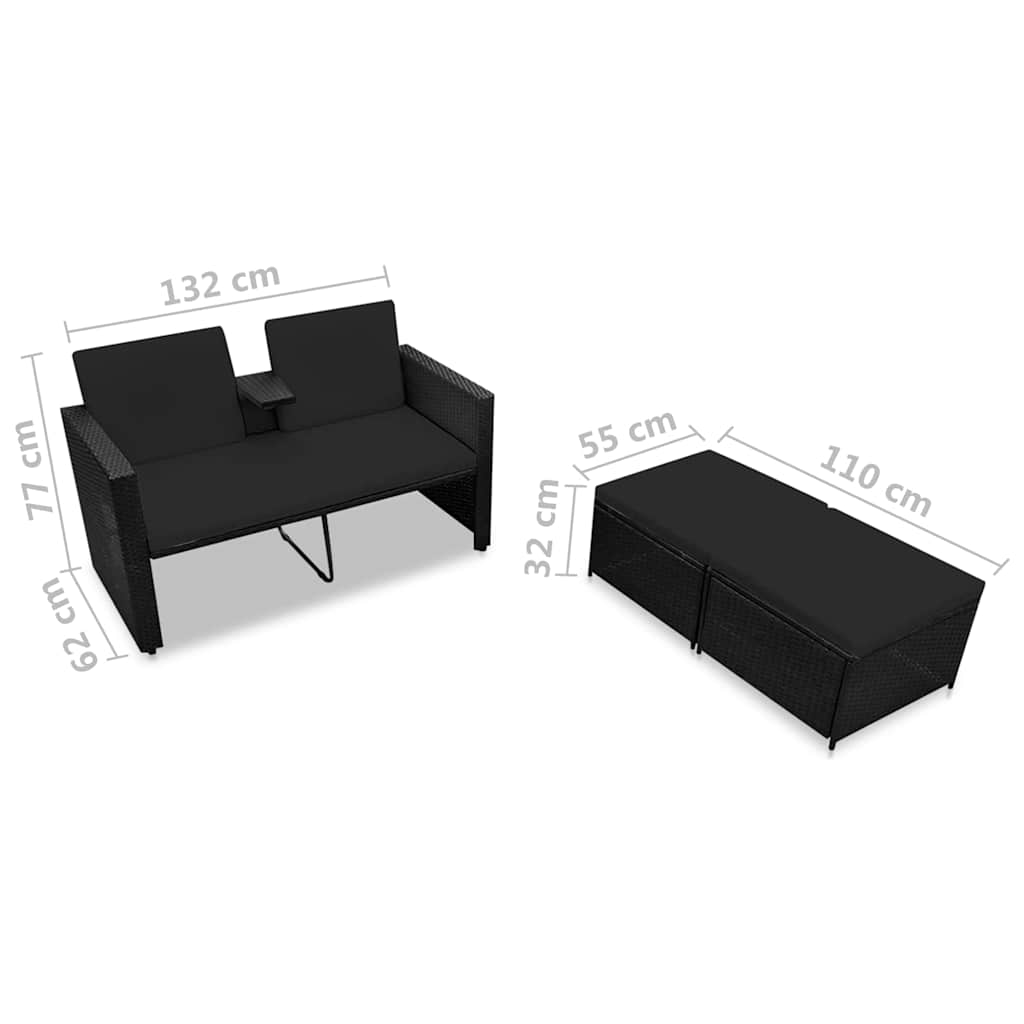 3 részes fekete polyrattan kerti bútorszett párnákkal 7