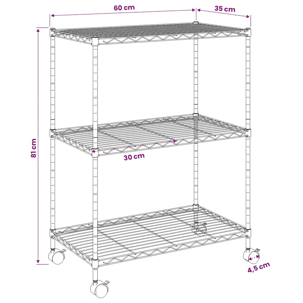 3 szintes króm tárolóállvány kerekekkel 150 kg 60 x 35 x 81 cm 9