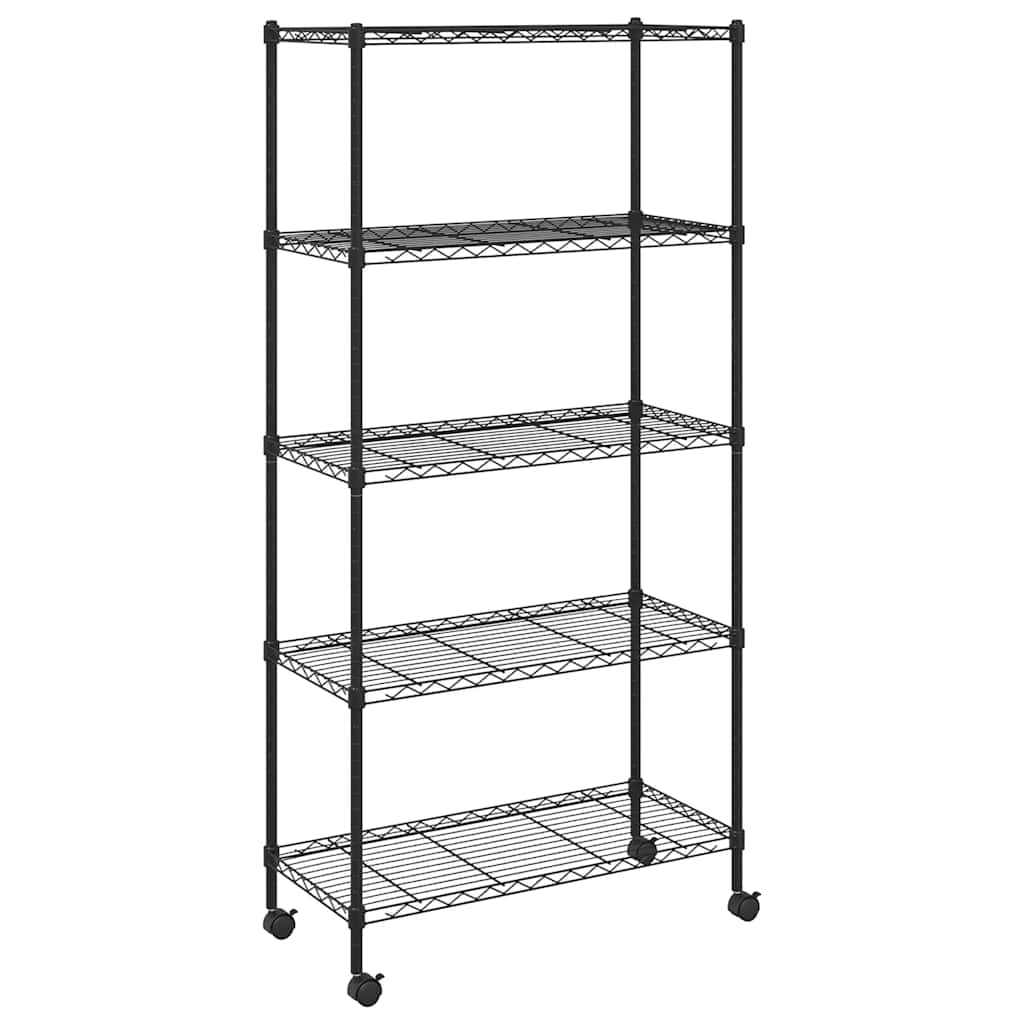 5 szintes fekete tárolópolc kerekekkel 75 x 35 x 155 cm 250 kg 2