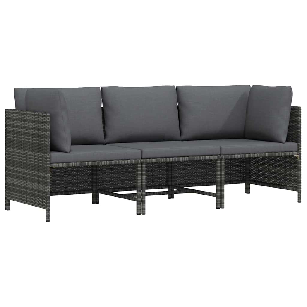 3 személyes szürke polyrattan kerti kanapé párnákkal