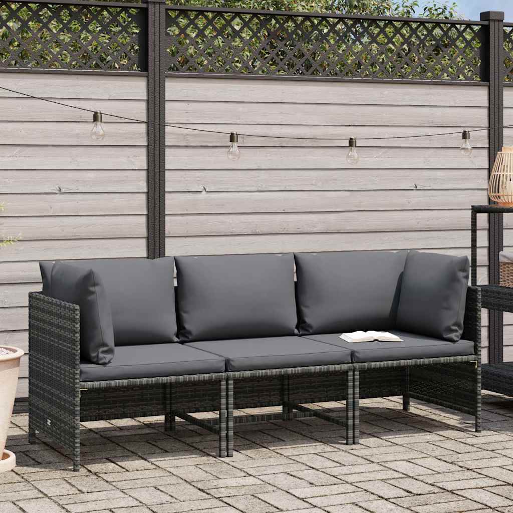3 személyes szürke polyrattan kerti kanapé párnákkal 2