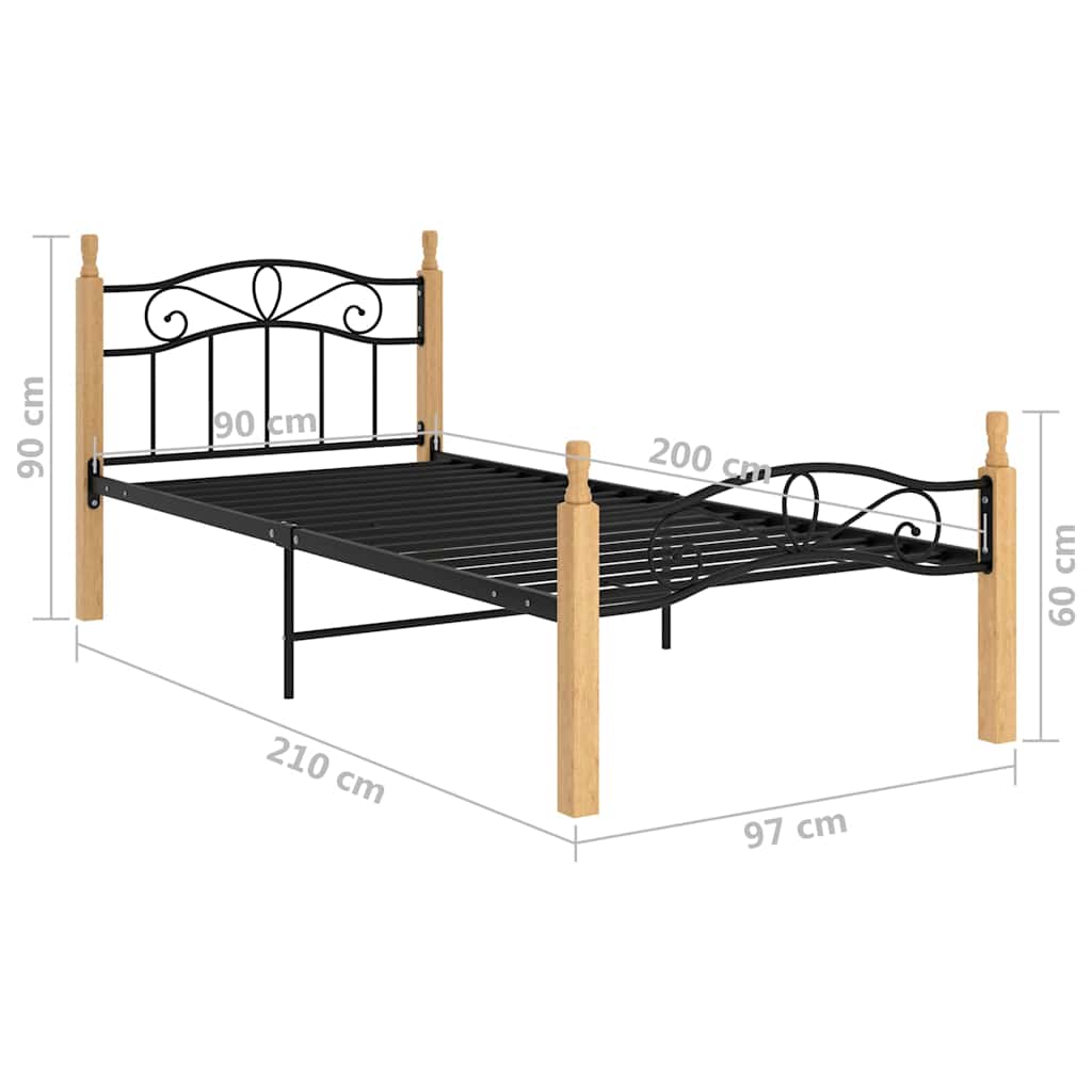 Fekete fém és tömör tölgyfa ágykeret 90 x 200 cm 6