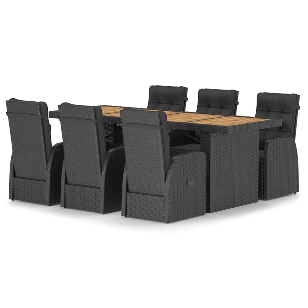7 részes fekete polyrattan kültéri étkezőszett párnákkal 2