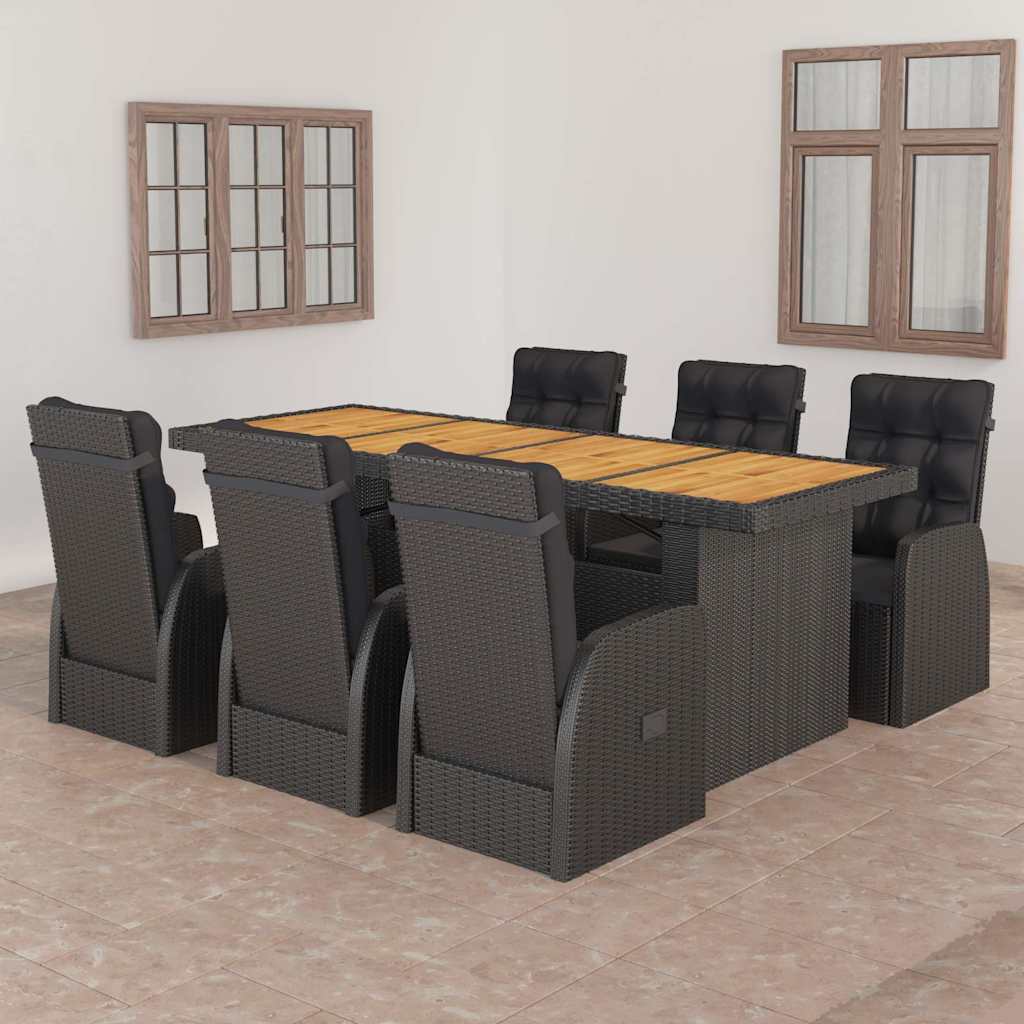 7 részes fekete polyrattan kültéri étkezőszett párnákkal