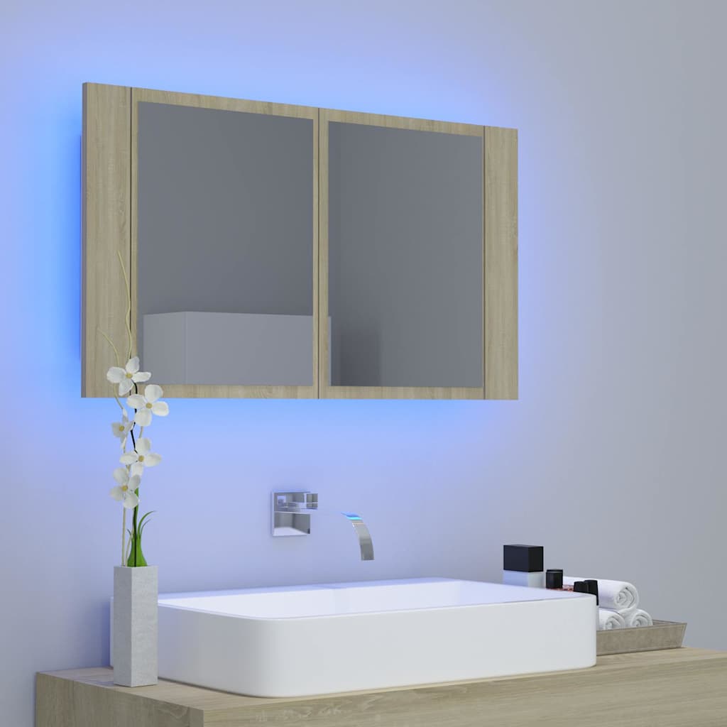 Tölgyszínű akril LED-es tükrös fürdőszobaszekrény 80x12x45 cm 3