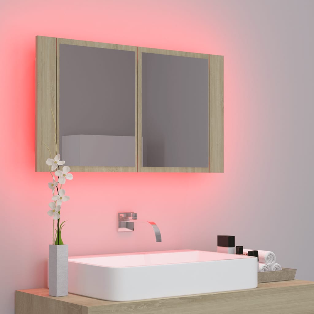 Tölgyszínű akril LED-es tükrös fürdőszobaszekrény 80x12x45 cm 4