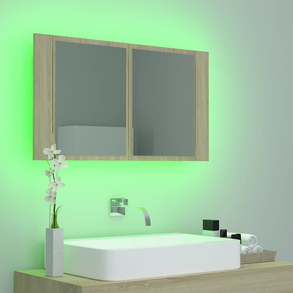 Tölgyszínű akril LED-es tükrös fürdőszobaszekrény 80x12x45 cm 5