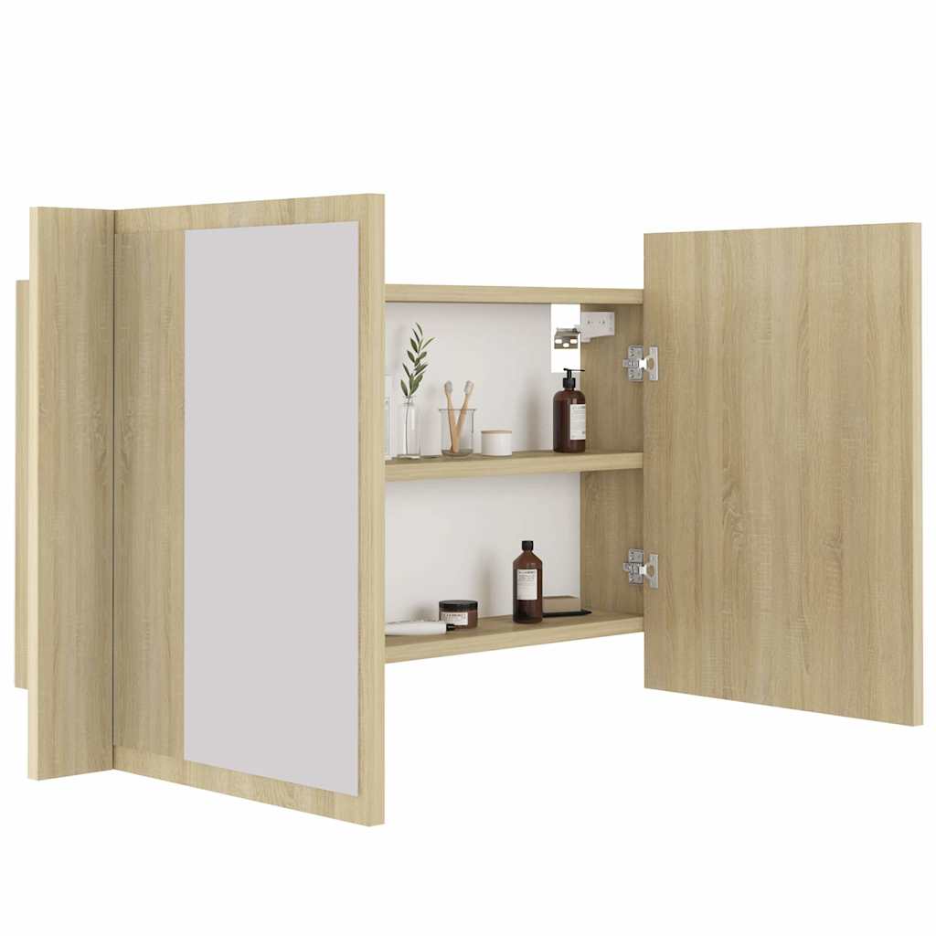 Tölgyszínű akril LED-es tükrös fürdőszobaszekrény 80x12x45 cm 7