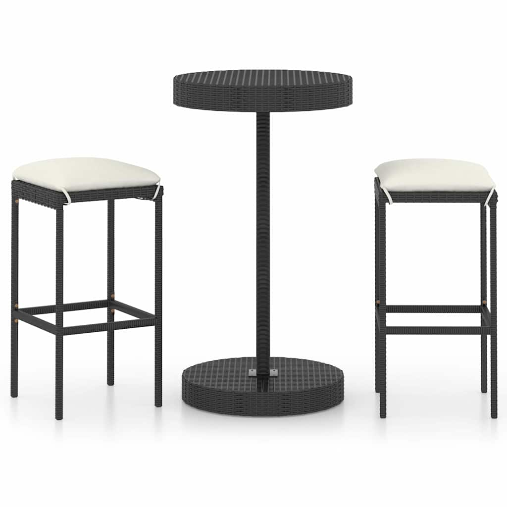 3 részes fekete polyrattan kültéri bárszett párnákkal 2