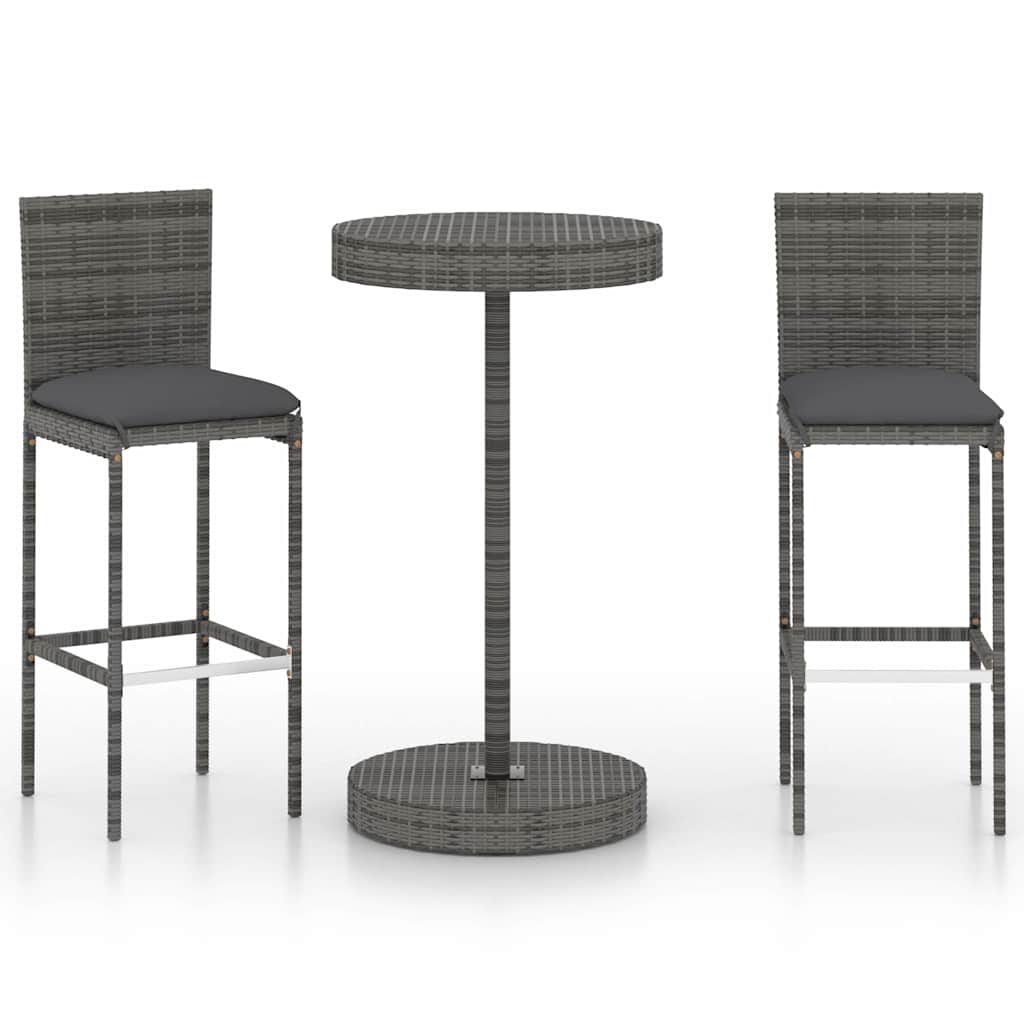 3 részes szürke polyrattan kerti bárszett párnákkal 2
