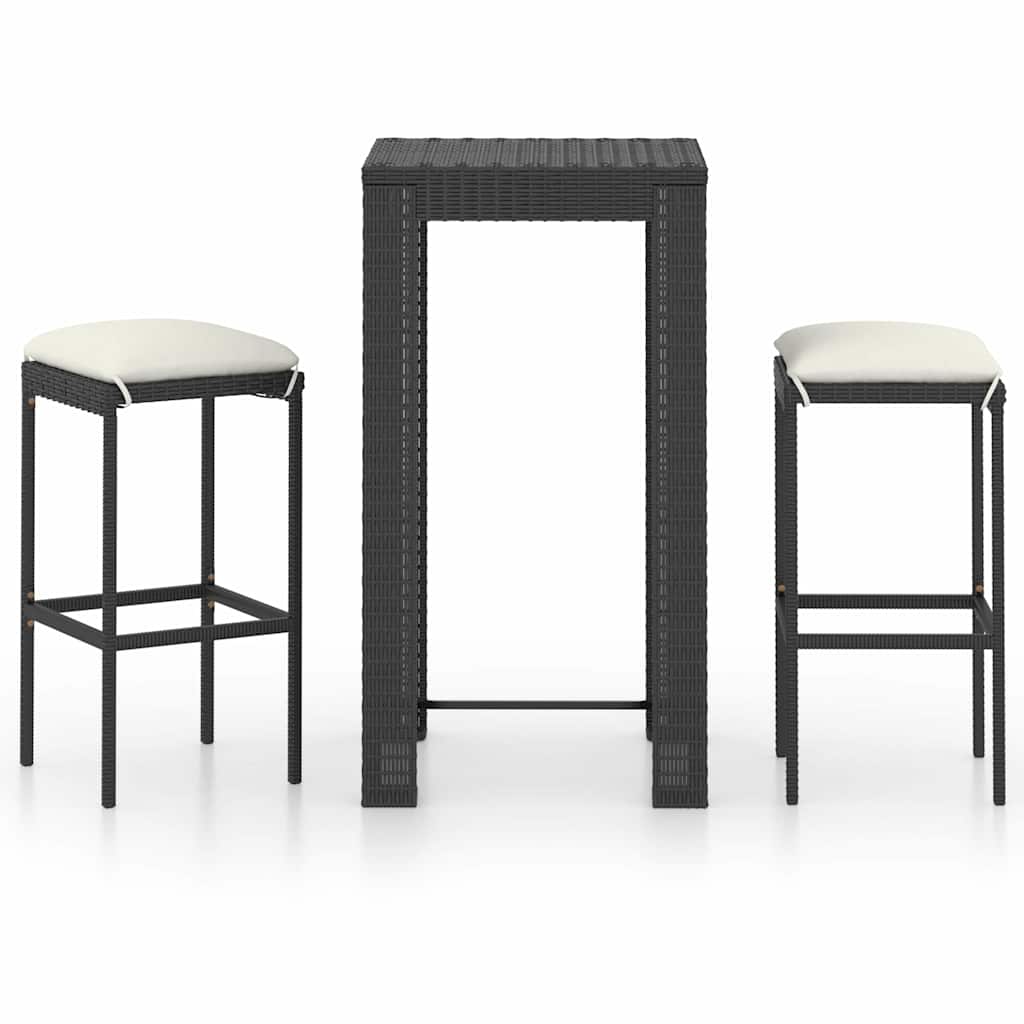 3 részes fekete polyrattan kültéri bárszett párnákkal 2