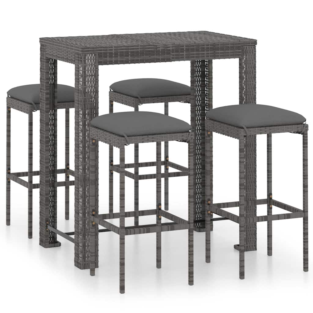 5 részes szürke polyrattan kerti bárszett párnákkal 2