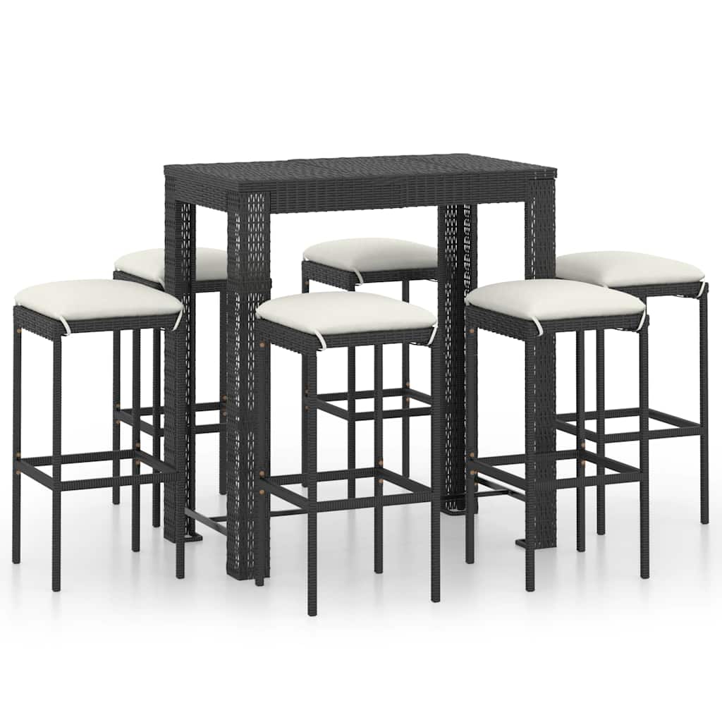 7 részes fekete polyrattan kerti bárszett párnákkal 2