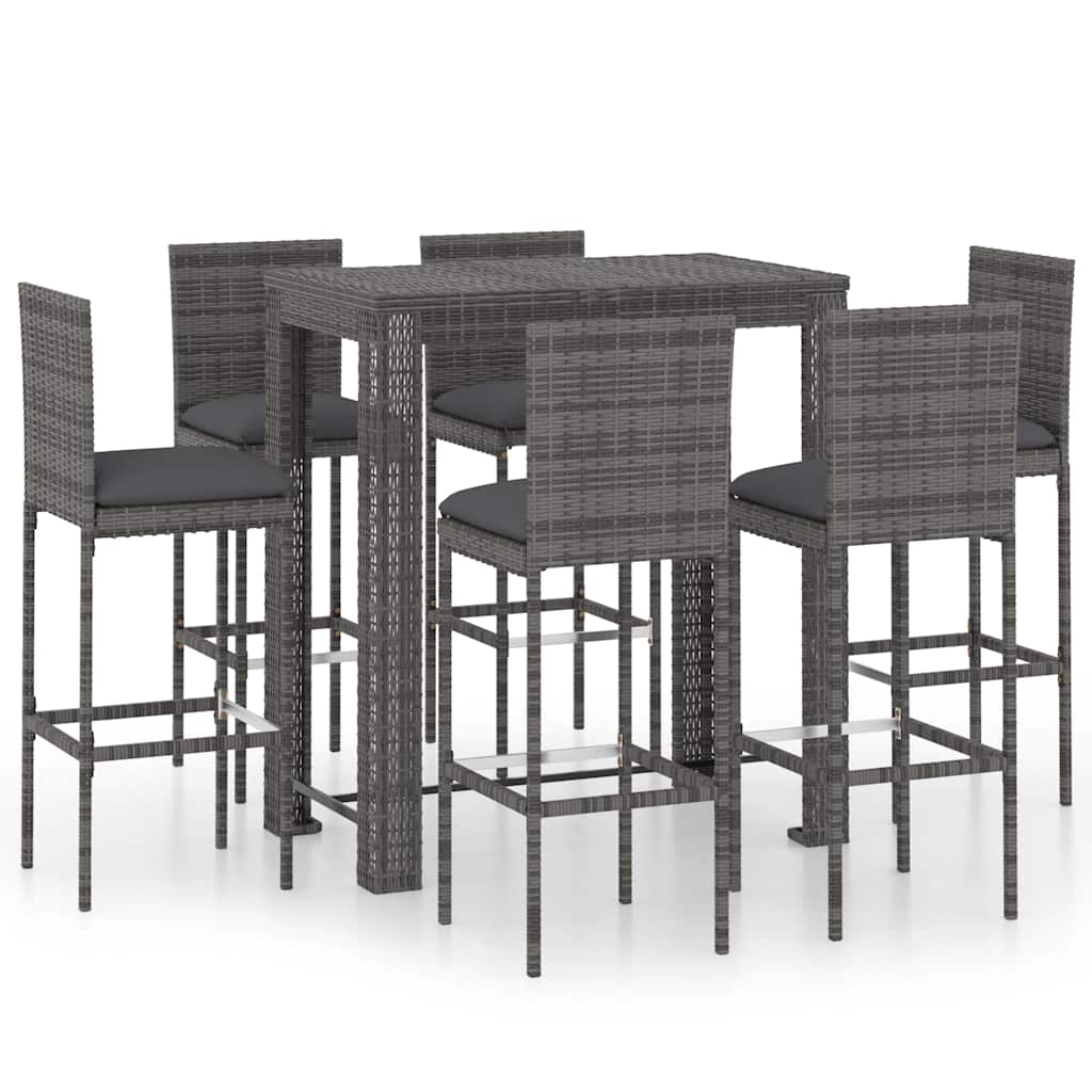 7 részes szürke polyrattan kültéri bárszett párnákkal 2