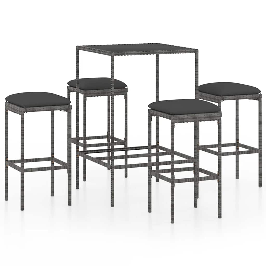 5 darabos szürke polyrattan kerti bárszett párnákkal 2