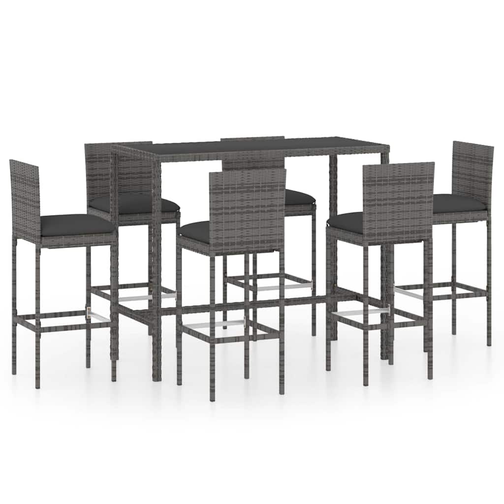 7 darabos szürke polyrattan kerti bárszett párnákkal 2