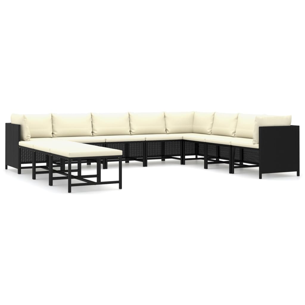 11 részes fekete polyrattan kerti bútorszett párnákkal 2