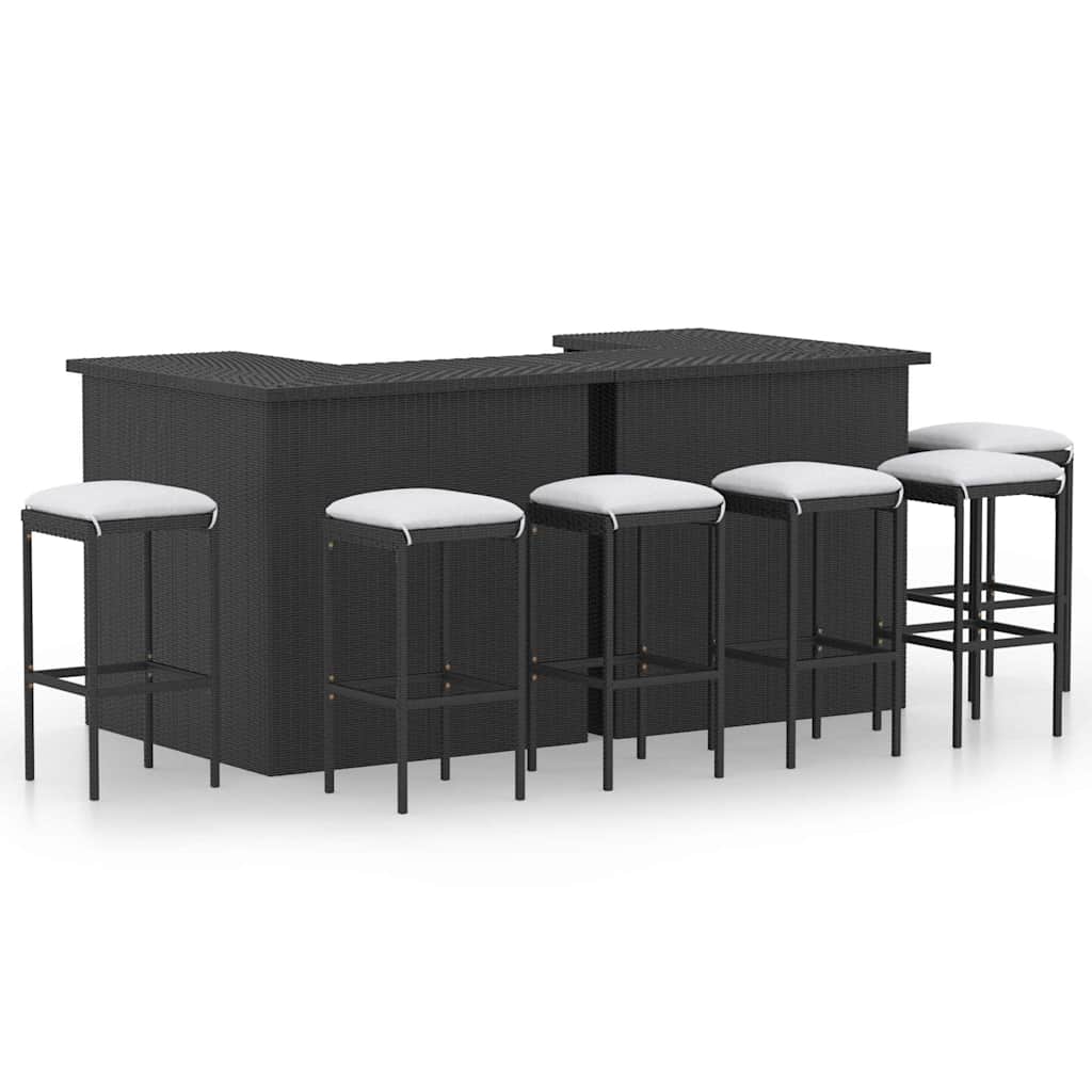 8 részes fekete polyrattan kerti bárszett párnával